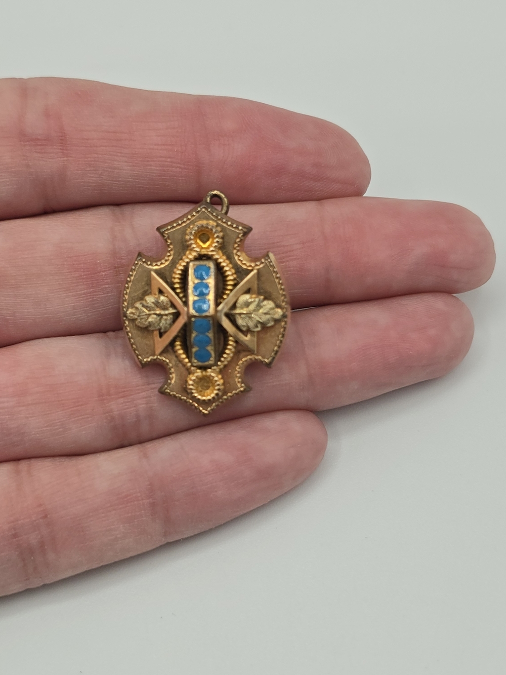 Antique Victorian Watch Chain Slide Etruscan Revival Blue Enamel Gilt 1-1/8"